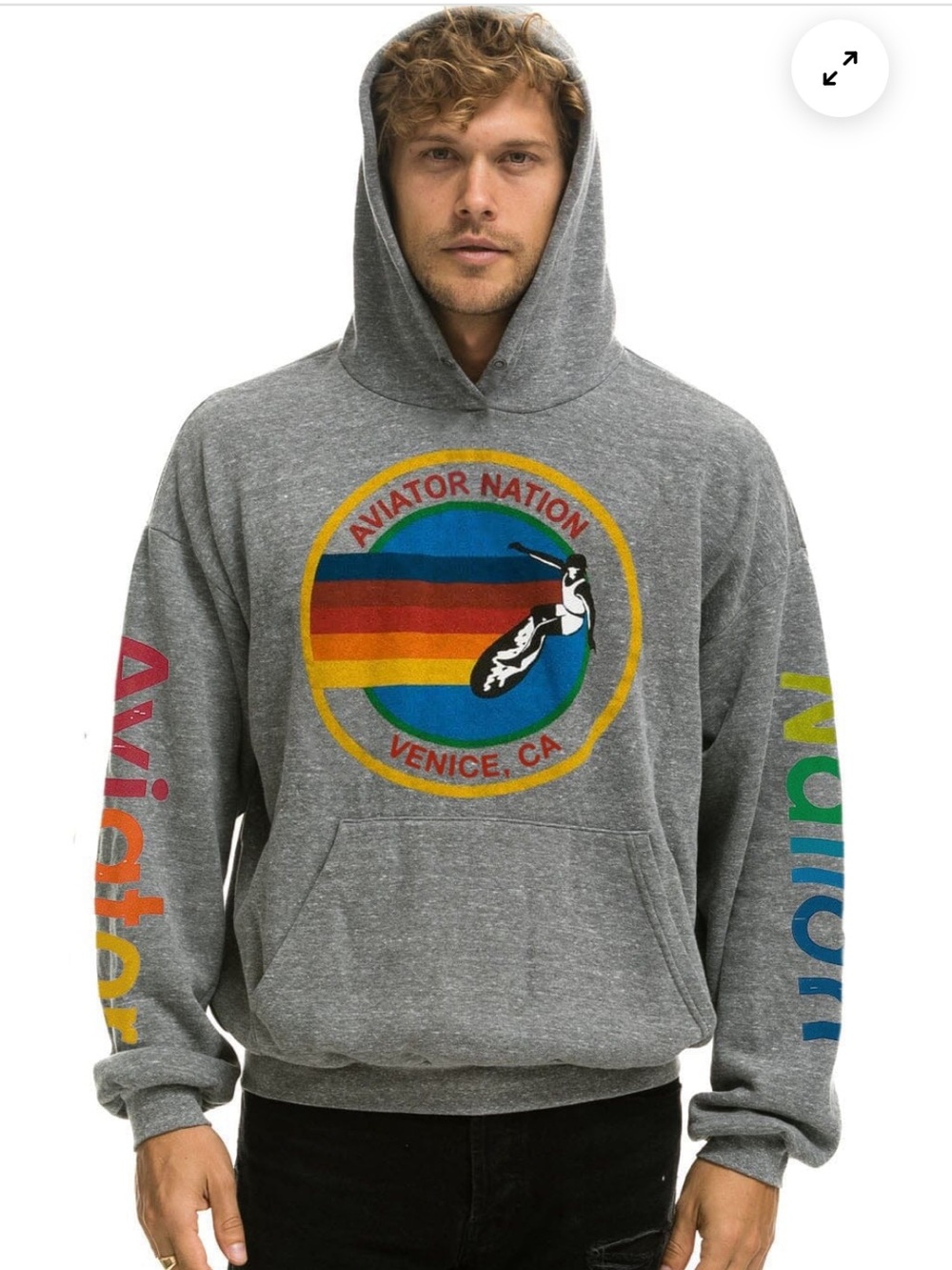Aviator Nation Gray Zip-Up Hoodie with Rainbow Logo and Sleeve Text